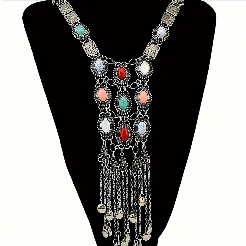 Silver Stone Chain Necklace Boho Tribal Hippie